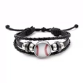 Multilayer black leather bracelet with baseball charm and silver beads for men - Tennis Ball