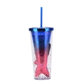 Double-layer gradient mermaid tail straw cup with colorful sequins and blue lid - Type M/Blue Pink Gradient