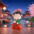 Cute Q-version girl figurine in Tang style Hanfu holding a floral fan decor - Large Gentle Breeze