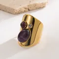 18K gold plated stainless steel ring featuring oval purple natural stone insets - Oval Natural Stone-Purple
