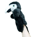 Marionnette à main toucan noir et blanc en peluche avec yeux verts pour jeux de contes - Perroquet Noir