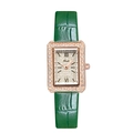 Women's quartz watch with green leather strap and rhinestone rectangular rose gold case - Rose Gold Case Rose Dial Green Strap