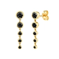 Macro view of gold stud earrings featuring five graduated round black cubic zirconia stones - Gradient Five-Stone Long Dangle Earrings / Black (Gold Base)