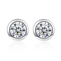 Classic silver round stud earrings with multifaceted cubic zirconia stones and mirror reflection - White