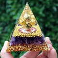 8cm Crystal Pyramid with purple amethyst chips, gold gourd, and tai chi symbols - 8cm / Tai Chi Gourd