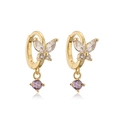 Close-up of gold butterfly hoop earrings featuring colorful cubic zirconia and purple drop - Gold Purple Zirconia