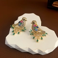 Golden bird on branch earrings with colorful zircon stones and silver needle - E4916 Gold Bird on Branch