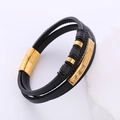 Men's multilayer black leather bracelet with golden Greek key pattern and magnetic clasp - Black & Gold