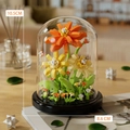 Artificial orange rose flower building block kit in transparent glass dome with black base - 7239 Warm Bloom (Orange Yellow Flowers) / 285pcs/With Dust Cover