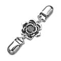 Retro silver rose cardigan clip with black enamel detail and secure metal duckbill clamps - Silver Single Peony