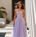 Elegant strapless lavender tulle evening gown with a corset bodice for formal galas - US size 2 (S) / Purple