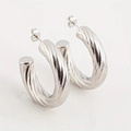 Polished silver stainless steel thick twisted hoop earrings with a textured spiral design - Silver Twisted C-Shape