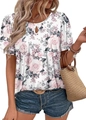 Close-up of white T-shirt with pink rose print, hollow neckline and ruched short sleeves - S / 1# (White Floral)