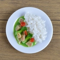 Miniature dollhouse green curry rice bowl model on a white porcelain plate - Pork Ribs with Vegetables Rice Bowl