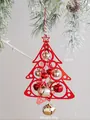 Hollow red metal Christmas tree ornament with gold bells on pine branch, 16cm height - Red
