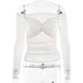 Top bianco a maniche lunghe in rete con eleganti dettagli a pieghe e spalle scoperte - S / Bianco