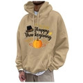 Men's khaki fleece hoodie with Thanksgiving pumpkin print and kangaroo pocket - S / Khaki Happy Thanksgiving Color (36)