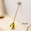 Golden long handle coffee spoon with blue fluorite crystal stone pendant - Blue Fluorite Spoon - Gold