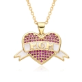 Golden heart necklace with purple pavé stones and MOM lettering for Mother's Day - Purple Rhinestone MOM Ribbon Style (E158)