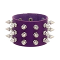 Detailed view of purple leather punk bracelet with triple rows of silver cone spikes - Purple
