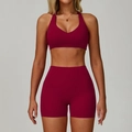 Tweeledige bordeauxrode yogaset met hoge taille shorts en sporttop met V-hals design - S / Beha + Short / Rozerood