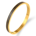 Gold stainless steel bangle with three black enamel stripes and side clasp hinge - Gold Black