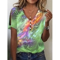 Women's summer V-neck tie-dye t-shirt with fractal print and hollow-out sleeves - S / Green