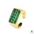 Minimalist 18K gold plated ring with three rows of sparkling green square zircon stones - Adjustable Open / Green Zirconia