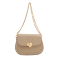 Elegant beige patent leather heart lock shoulder bag with fine gold chain strap - Khaki