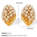18K gold plated stainless steel C-shape earrings with full freshwater pearl inlay - Pearl Style / Gold Pearl/Drop Shape