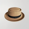 Classic camel flat-top felt fedora hat featuring a black ribbon decorative band - 54cm / Khaki