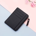 Slim black lychee pattern leather card holder wallet with zipper and 3 card slots - Black