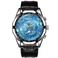 Men's automatic watch with blue skeleton dial, silver case and black leather strap - Black Leather Strap Blue Dial