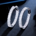 Sparkling C-shaped silver hoop earrings with rectangular cubic zirconia stones - White Gold