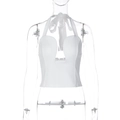 Detail view of the deep U-neckline and white ribbed fabric on the halter top - S / White