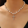 Retro gothic pearl necklace featuring a luxury crystal-encrusted cross pendant - White K (Pearl Large Cross)