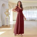 Elegant burgundy V-neck chiffon bridesmaid dress with high waist and floor-length skirt - US size 2 (S) / Bottoms / Burgundy