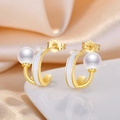 Elegant gold-plated C-shaped hoop earrings featuring white enamel and premium pearls - Gold U-Shape Pearl Earrings (C23)