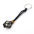 Handcrafted woven net keychain with natural spotted gemstone and brown wooden bead detail - Dalmatian Jasper + Black Mesh Keychain