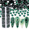 Detail view of green rhinestones in storage box and applied on manicured nail tips - SS4-SS12-3600Pcs/Box / Peacock Green