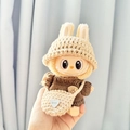 Labubu doll in beige knit hat and brown sweater with beige mini crossbody bag - Japanese-style Handmade Brown And Gray Three-piece Pendant Set / First And Second Generation Keychains Are Compatible With La Cloth Dolls. Dolls Not Included.