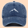 Gorra de béisbol de algodón lavado azul denim con bordado de montaña y visera curva - Ajustable / Azul