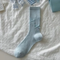 Light blue ballet style mid-calf socks with cute ribbon bows and ribbed texture - One Size / Mini Bow Blue