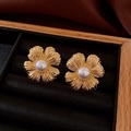 Macro shot of vintage gold flower earrings with pearls on black velvet display - Gold Five-Petal Flower Pearl Style(20#)