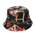 Black bucket hat with vintage female and cactus print for sun protection in summer - M (56-58cm) / Black Cactus Figure