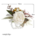 White artificial rose wrist corsage with green leaves and double-layer pearl bracelet - Wrist Corsage / Ivory