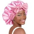 Pink satin hair bonnet featuring a large decorative bow for night sleep and hair care - Large / Deep Pink