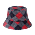 Faux fur winter bucket hat with red and grey argyle pattern for women's casual style - Red Grey Black Argyle