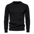 Detailed view of black knitted sweater with diamond texture and metallic logo plaque - 2XL / Black