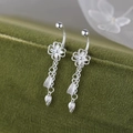 Silver drop earrings with hollow flower design and long tassels on dark green velvet box - Hollow Flower Tassel Long Style (A246)